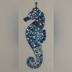 Seahorse - unique blue glass mosaic wall hanging, handmade 19”